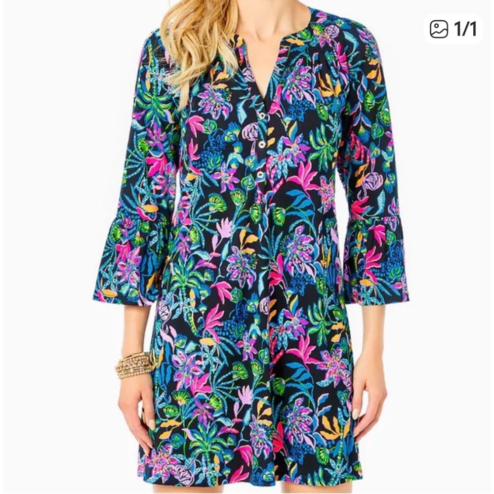 Lilly Pulitzer Norris 3/4 Sleeve Dress Onyx Paradise Glow S